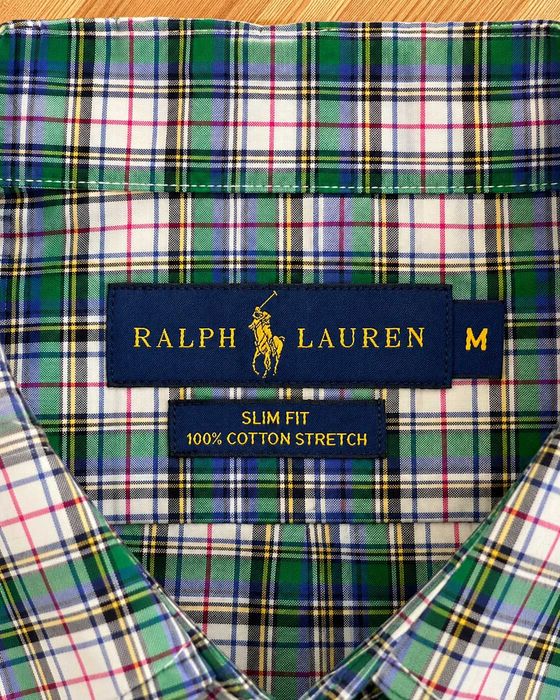 Cămașă bărbați Ralph Lauren Slim Fit în carouri tartan verde bleumarin, 100% bumbac, mărimea M