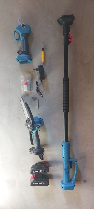 Акумулаторен трион и лозарска ножица.Телескопична кастрачка + лозарска