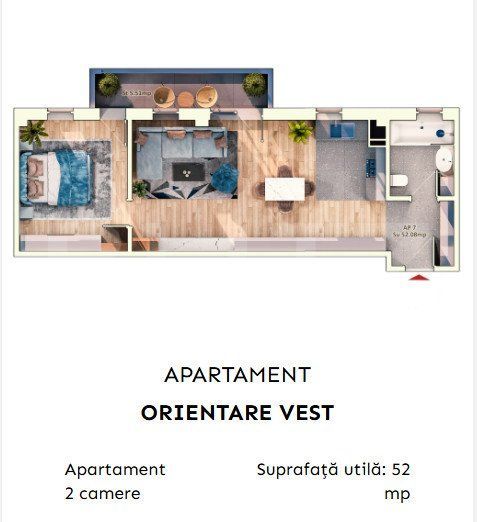 Apartament 2 camere semidecomandate, 52 mp, 9.30mp balcon, parcare sub