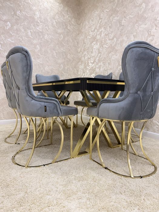 Обеденный стол + 6 стульев | мрамор | велюр | премиум