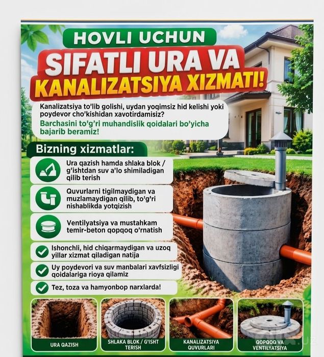 Urachi, ura, Yama, Santexnika, kanalizatsiya, transheya, padval qazish