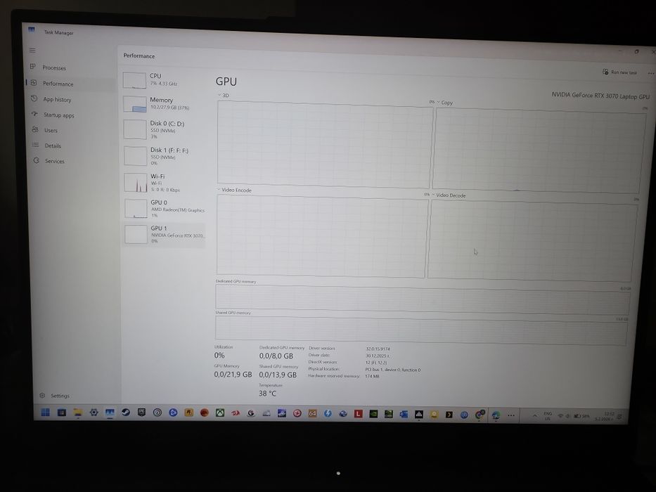 Лаптоп Lenovo Legion 16ACH6H RTX 3070 8 GB, 32GB RAM, 2 TB SSD, RYZEN 7 5800H.