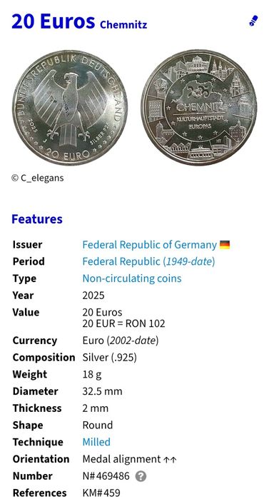 Monedă argint 20 euro