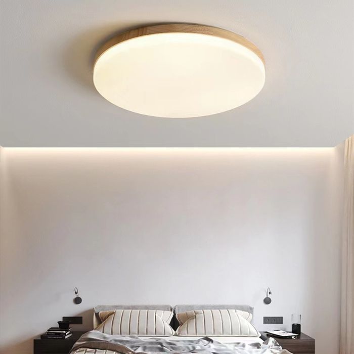 Дървен плафон 80 см LED таванна лампа с трицветно димиране, кръгла