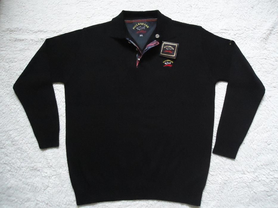 Pulover negru barbati 3 nasturi guler polo lana pura virgina P & Shark