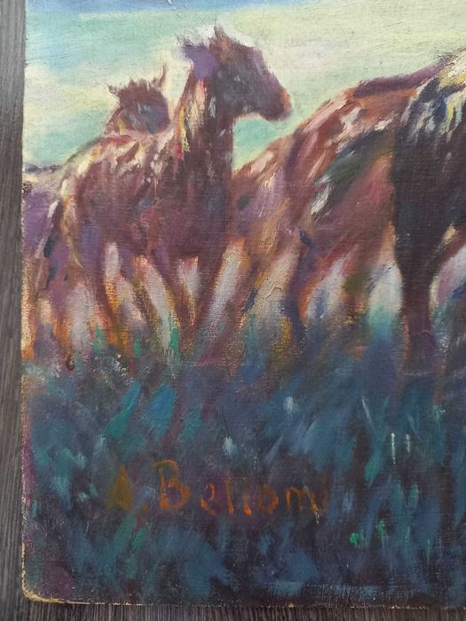 A. Bellomi – „Cai urcând un deal” – ulei pe placaj, 35 × 50 cm