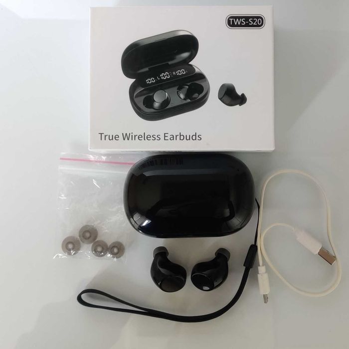 Casti Bluetooth TWS-S20 – Sunet Hi-Fi, Afisaj LED & Set Complet Dopuri (S/M/L)