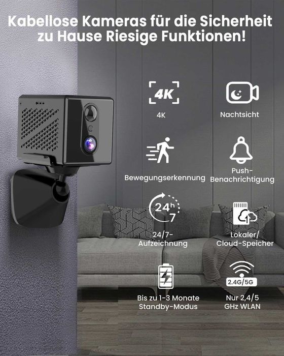 Mini cameră, cameră de supraveghere interioară 5G WiFi, cameră de supraveghere interioară, stocare gratuită în cloud, cameră cu baterie