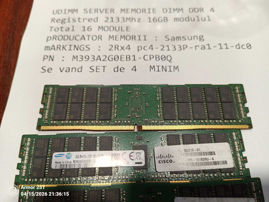 UDIMM SERVER MEMORIE DIMM DDR 4 Registred 2133Mhz 16GB modulul