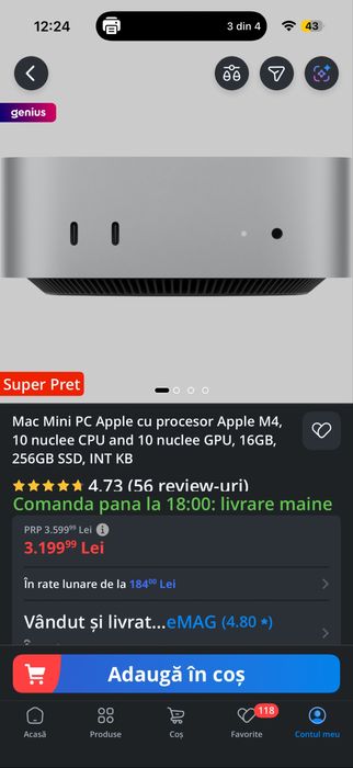 Mac Mini PCApple M4,10nucleeCPU,16 GB,256GB SSD