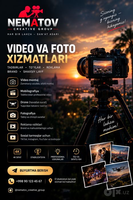 To‘y va tadbirlar uchun videograf | Foto + Video | 4K