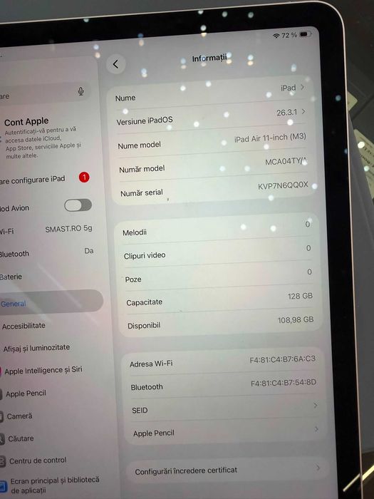 Ipad Air 11 Inch M3 | 128 GB | 2025 | 30 Incarcari | 100% Baterie | Garantie 24 Luni | Pen Pro Gratuit plus Husa .