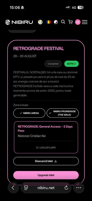 Vand bilet nibiru RETROGRADE General Acces (28-30 august), si alte bilete