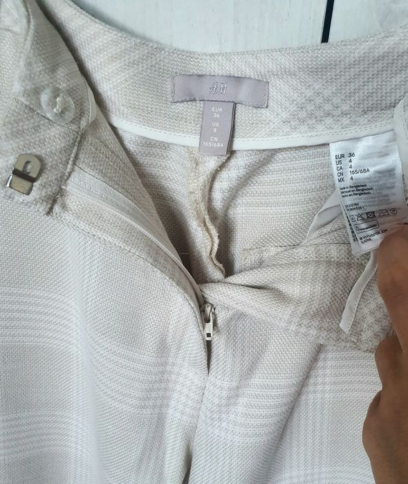 Pantaloni H&M alb bej în carouri S/M eleganți office casual crem vara
