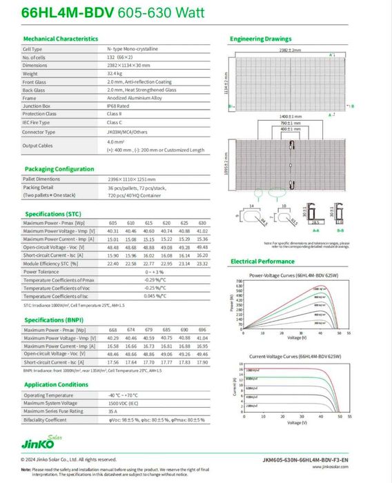 Jinko 605-630 Vt Quyosh panellari OPTOM. Birinchi qo'l. Kafolati bor.