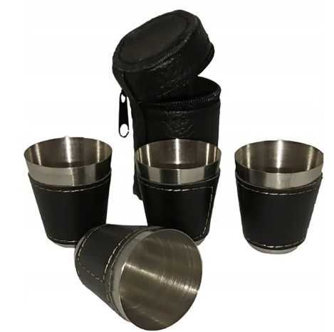 Комплект 4 броя метални чаши в кожен калъф