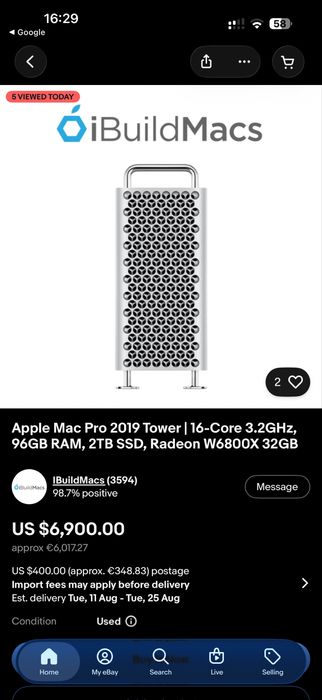 Apple Mac Pro Tower Intel Xeon W 16-cores AMD Radeon Pro W6800X 32GB GDDR6  64GB DDR4 1TB SSD