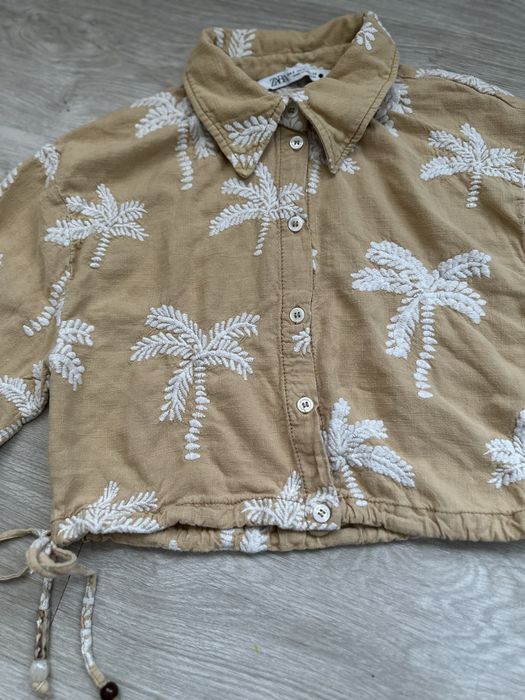 Къса ленена риза ZARA с бродерия на палми