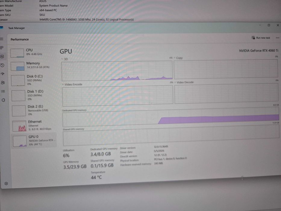 PC Gaming i9 14900KF RTX 4060TI 32GB RAM + Monitor Samsung Odyssey G70B 144hz 4k