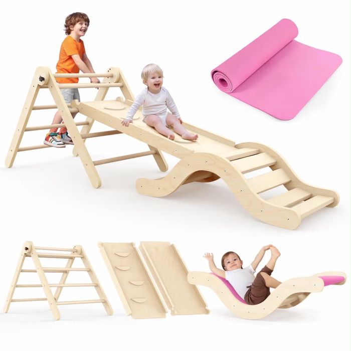 Set Montessori 7 în 1 complet - Cadru alpinism + Tobogan + Arc + Covoraș - lemn masiv, 1-3 ani