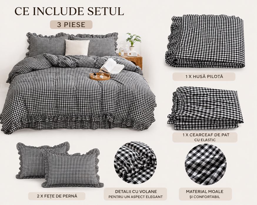 Set lenjerie de pat Gingham cu volane | Stil Cottage & Romantic