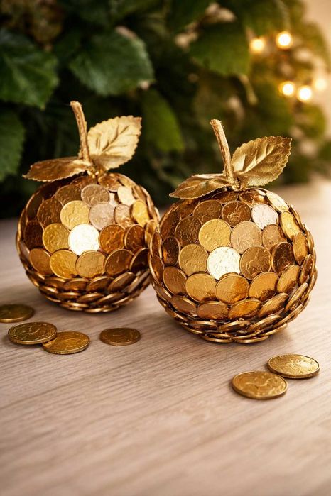 Луксозна декорация от монети "Златна ябълка" ръчна изработка
