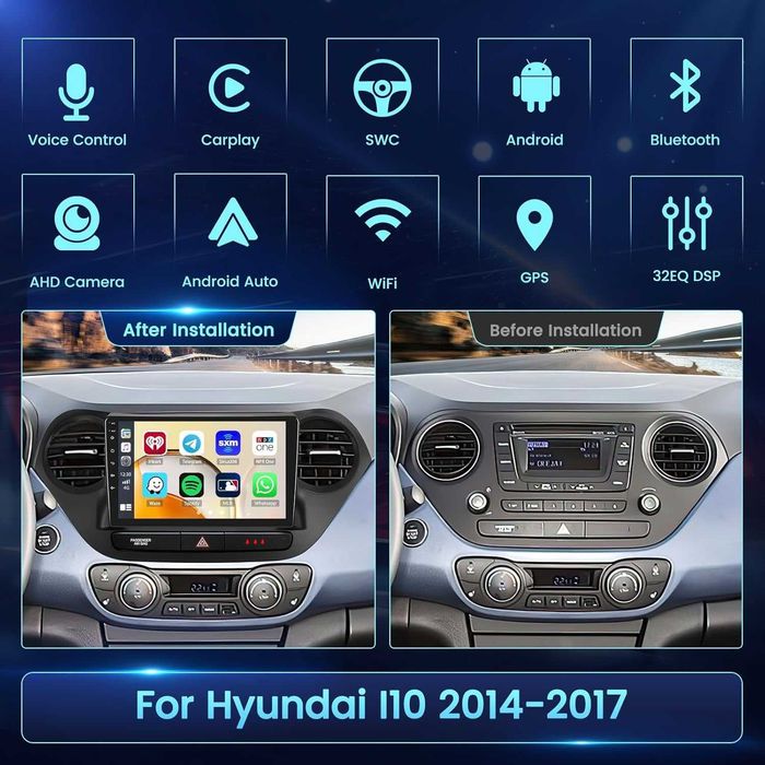 Мултимедия за Hyundai I10 Android Двоен дин Навигация, Hyundai Grand I10 2 DIN плеър Андроид Carplay, 2014, 2015, 2016, 2017 година