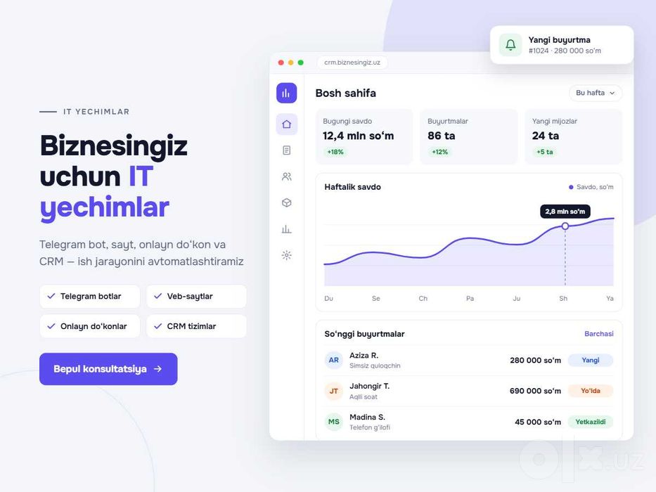 Website, Mobile Ilova va Telegram Bot yaratish xizmati