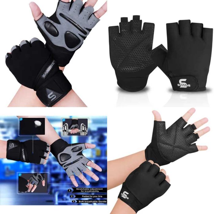 Mănuși fitness și haltere L set 3 piese anti-alunecare cu protecție palmă căptușită semi-deget pentru sală fitness bodybuilding – Negru