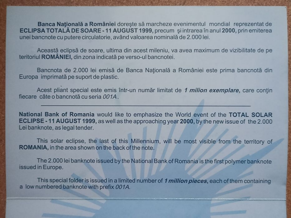 Bancnotă de 2000 lei, Eclipsa Totală de Soare, 1999