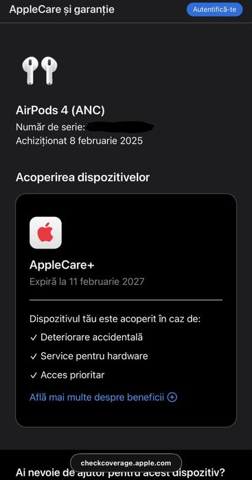 Apple AirPods 4ANC -ACTIVE NOISE CANCELLATION- AppleCare+ pana la  11.02.2027