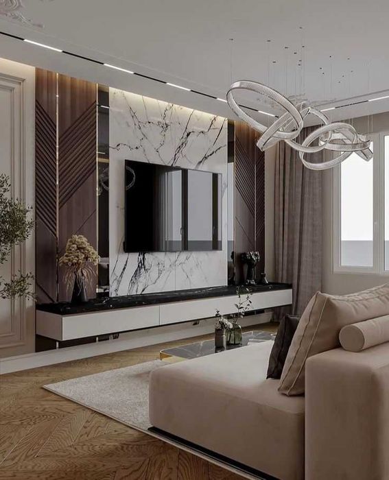 Тв зона декор | Tv zona dekor mebel, obshivka mdf, parta shkaf kamod