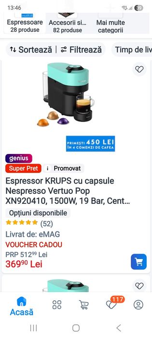 Aparat cafea cu capsule Nespresso Vertuo in Garanție