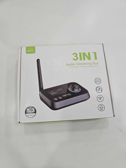 BT17 Bluetooth 5.3 Аудио Адаптер 3 в 1 с LCD дисплей – TX/RX/Bypass, AUX/RCA/Оптичен, двойно свързване