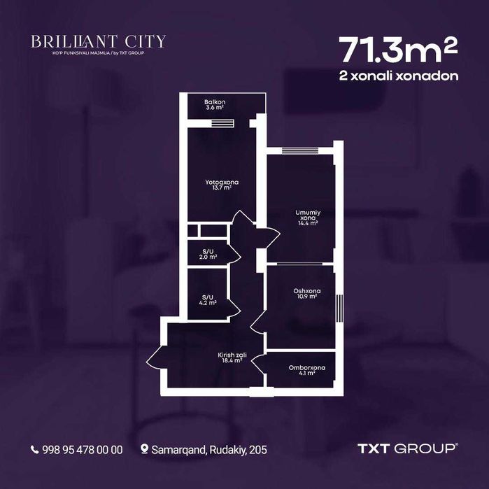 TJ "Brilliant city"  2-xonali xonadonlar  73 m2 Samarqand shahri