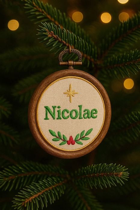 Glob brodat personalizat cu nume – ornament Crăciun handmade