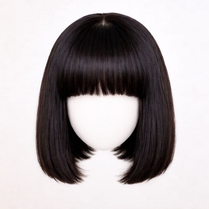 Естествена перука коса 25,4 см дължина черна с бретон 150% плътност