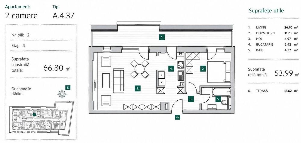Apartament 2 Camere | Balcon 18,62 mp | Zonă Centrală