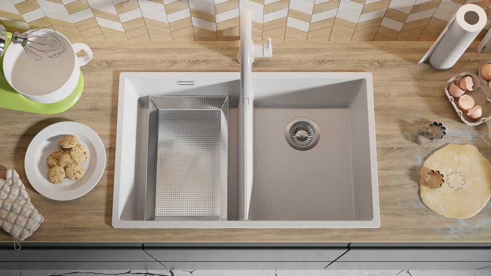 Бял гранитна мивка с две корита за вграЛондон 80 Twin 760 x 470 мм