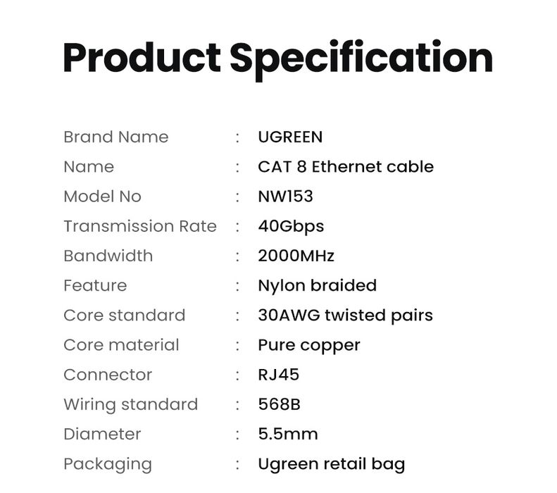 UGREEN CAT8 Ethernet Cable Сетевой кабель 40Гбит/с
