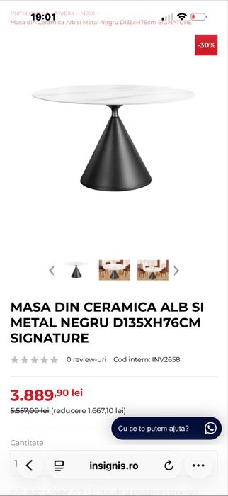 Masă dining ceramică albă + bază metal negru – 135 cm – NOUĂ