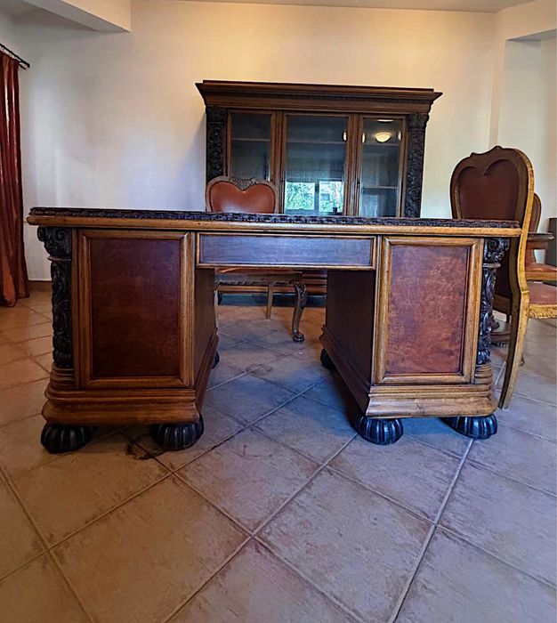 Mobilier birou lux stejar masiv și nuc sculptat – Birou  + bibliotecă + scaune + masa rotunda- stil baroc
