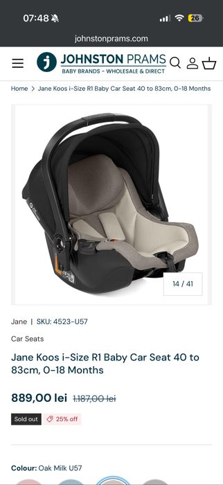 Scoica Jane Koos i-Size R1 Baby Car Seat 40 to 83cm, 0-18 Months