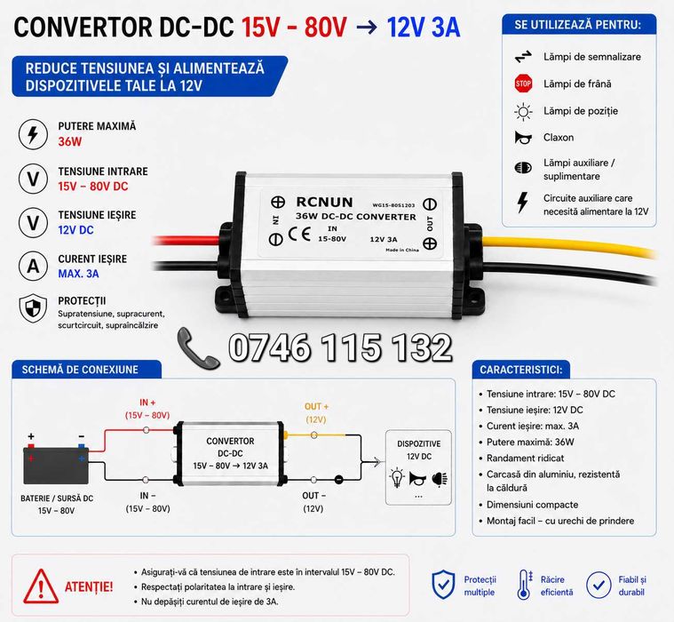 Convertor Tensiune DC-DC 3A Slim 15V–80V la 12V pentru Trotinetă Electrică și Scuter Electric, pentru Semnalizări, Stop, Claxon și Alte Accesorii 12V
