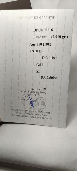 Lanț +medalion Aur 18kt,Ametist +Diamante,marca Teilor,nou