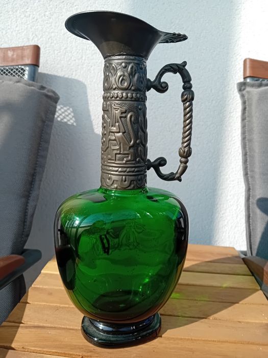 Decanter vintage sticla și bronz forte vech