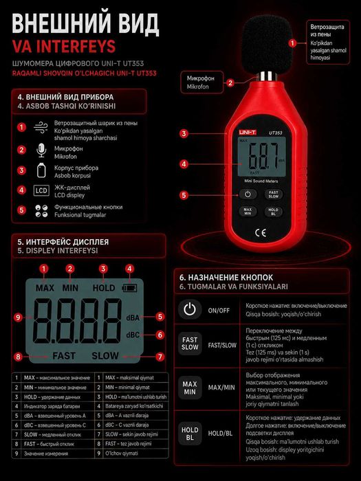 Шумомер UNI-T UT353 — измеритель уровня шума 30–130 дБ
