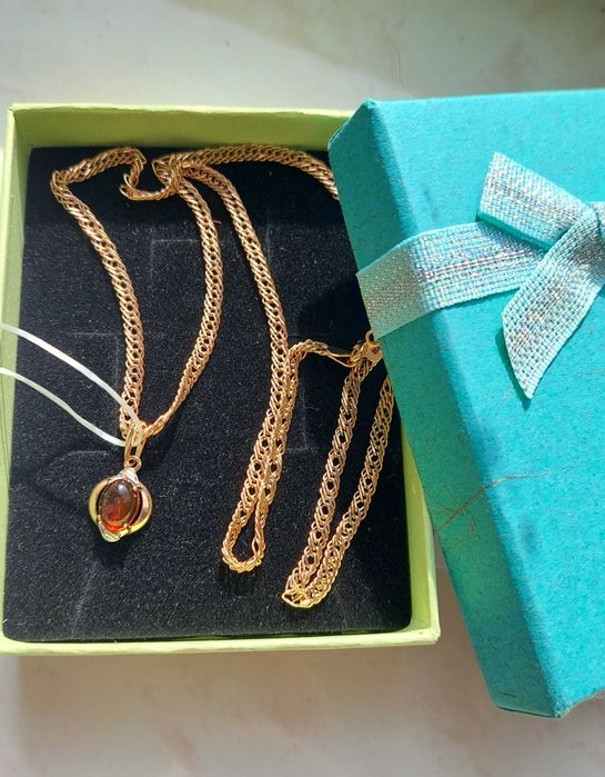 Золото цепь и кулон с янтарём 585 пробы