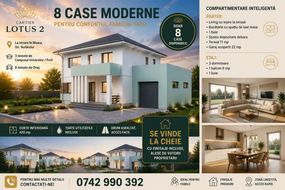 Cartier Lotus 2 vă oferă: 8 CASE MODERNE in suprafata utila de 120 mp, (Parter+Etaj) la 3 min de Campusul universitar