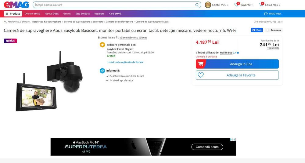 Cameră de supraveghere ABUS EasyLook BasicSet Pan & Tilt + Monitor